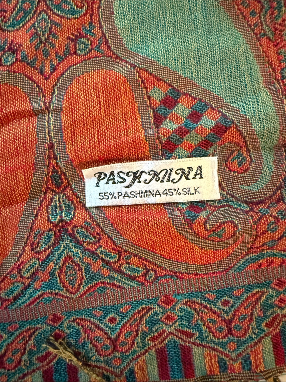 pashmina Silk Blend Teal and Rust Paisley Pashmina Scarf
